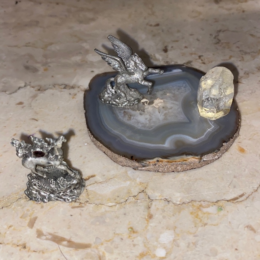 Vintage Hippie Pewter Unicorn and Pegasus on Stone Slice